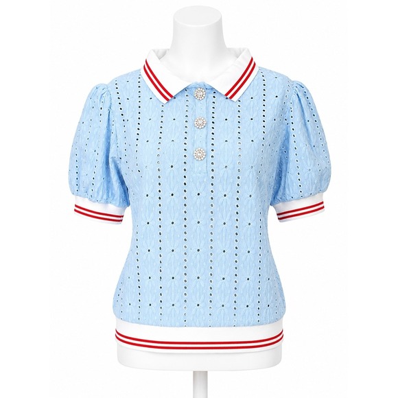Maeve Tops - Maeve Blue Eyelet Puff Sleeve Varsity Trim Top Cottagecore Preppy size M